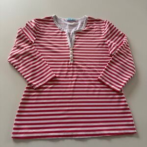 J. McLaughlin-Catalina Cloth-Pink-Coral-White-Stripe-V neck-3/4 sleeve- Size L